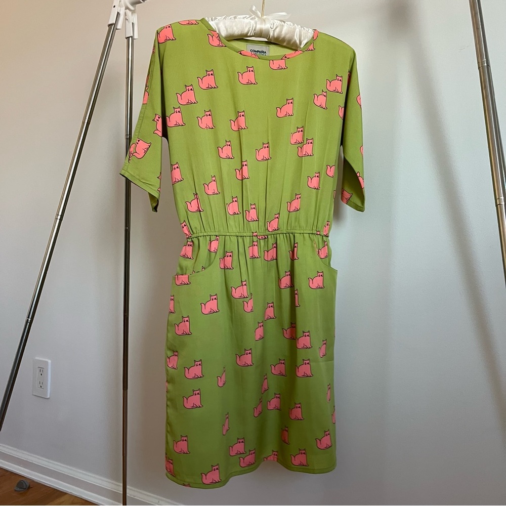 Cute knee length dress with a cartoon cat print
